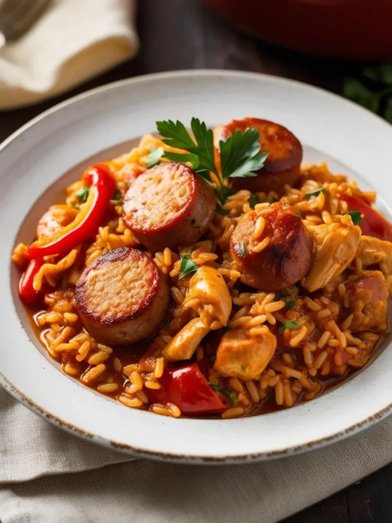 a white plate holds a serving of jambalaya, featuring pieces of chicken, sliced sausage, red peppers, and yellow rice. the dish is garnished with parsley. the jambalaya has a rich, red color, and the ingredients are arranged loosely. the plate sits on a dark wooden surface