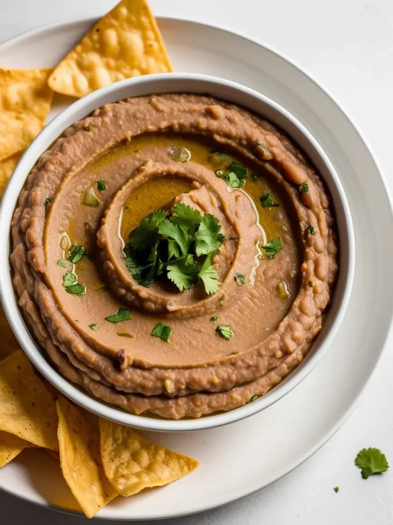 a white bowl filled with bean dip, swirled and garnished with cilantro, sits on a white plate. tortilla chips are arranged around the bowl. the dip has a smooth texture, and the cilantro adds a pop of green. the image is shot from above, showcasing the dip's presentation