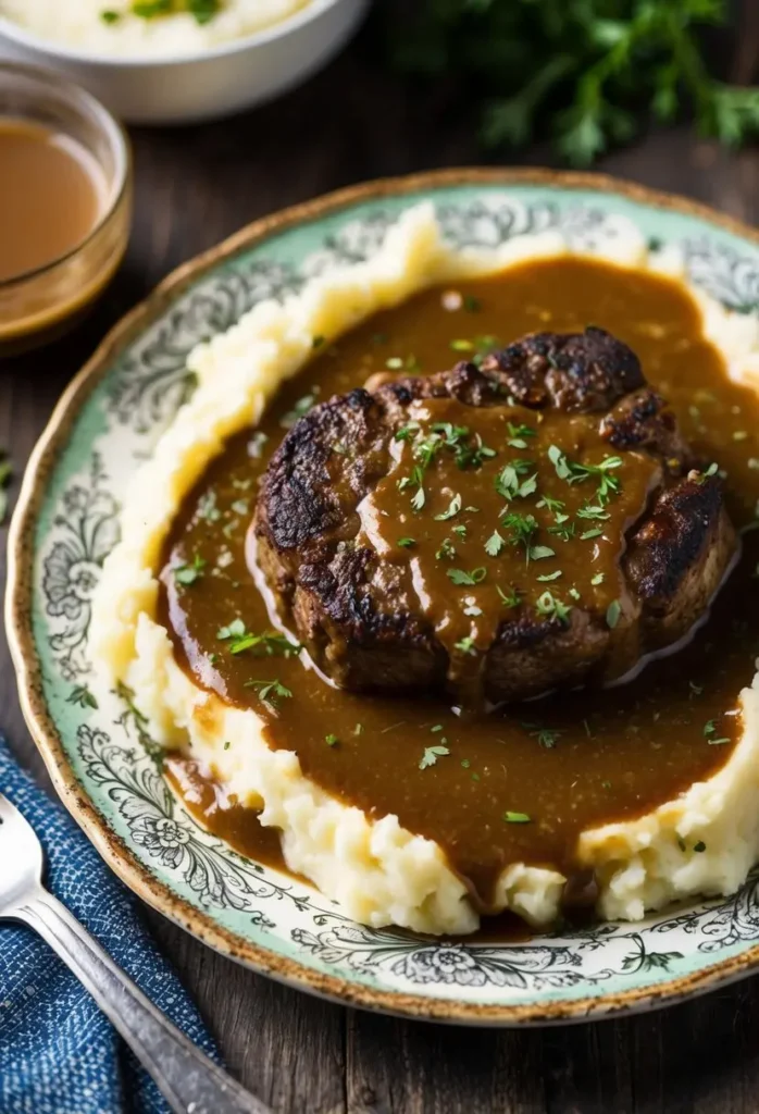 a patterned plate holds a hamburger steak, browned and topped with gravy, resting on a bed of mashed potatoes. chopped parsley garnishes the steak. a glass bowl of gravy is visible in the top left corner, and a blue cloth and fork are in the bottom left. the plate sits on a wooden surface