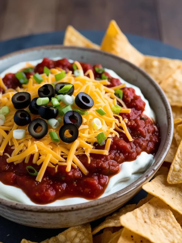 A bowl of layered dip, perfect for a party. The dip features a creamy base, topped with a layer of salsa, shredded cheese, sliced black olives, and chopped green onions. Tortilla chips are scattered around, ready for dipping. The dip looks colorful, inviting, and perfect for sharing.