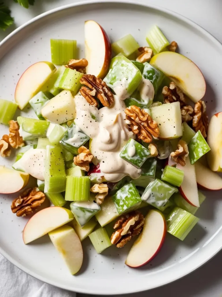 A plate of Waldorf salad with chopped apples, celery, and toasted walnuts. The salad is drizzled with a creamy dressing, making it a light and refreshing side dish. The image evokes the freshness of the ingredients and the promise of a healthy and delicious meal.