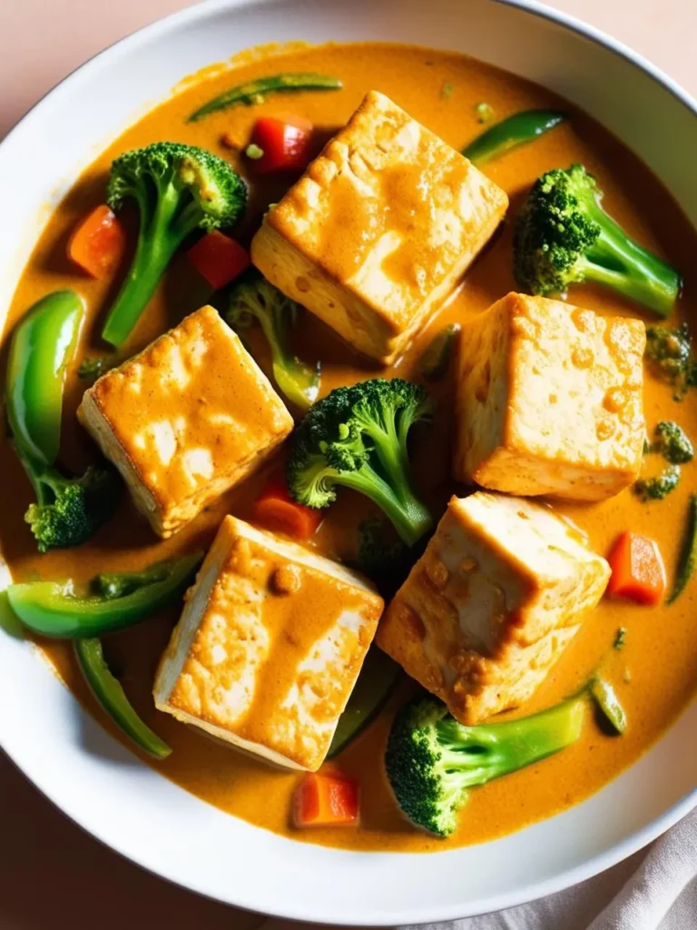 a white bowl holds a vibrant orange curry with tofu cubes, broccoli florets, and sliced bell peppers. the tofu cubes are arranged in the center, and the vegetables are scattered around them. the curry has a glossy sheen, and the bowl sits on a light surface. the image is shot from above