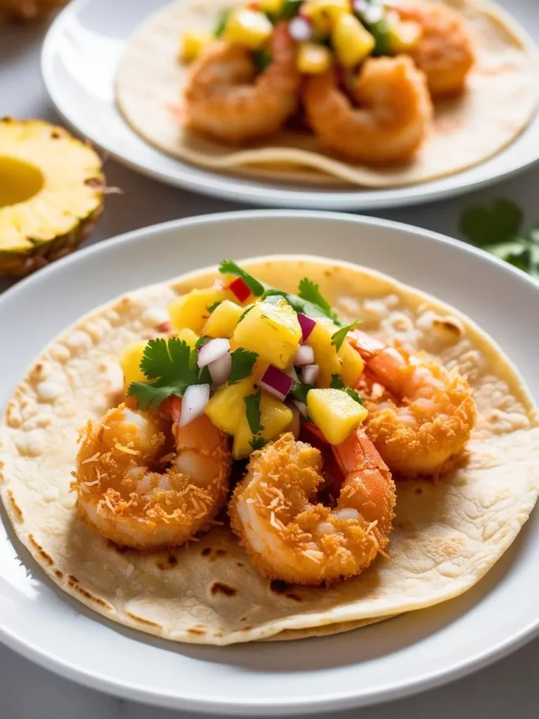 two plates of coconut shrimp tacos. the tacos include coconut-crusted shrimp, pineapple salsa, and cilantro on tortillas. the shrimp are golden brown. the salsa has pineapple chunks, red onion, and cilantro. a pineapple half is in the upper left corner. the plates are white. the background is light