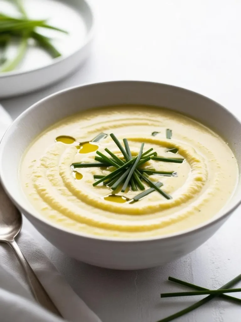 A bowl of creamy, golden soup garnished with fresh chives. The soup has a smooth texture and a light yellow hue, suggesting a delicate flavor. The image evokes the comfort of a warm bowl of soup on a chilly day.