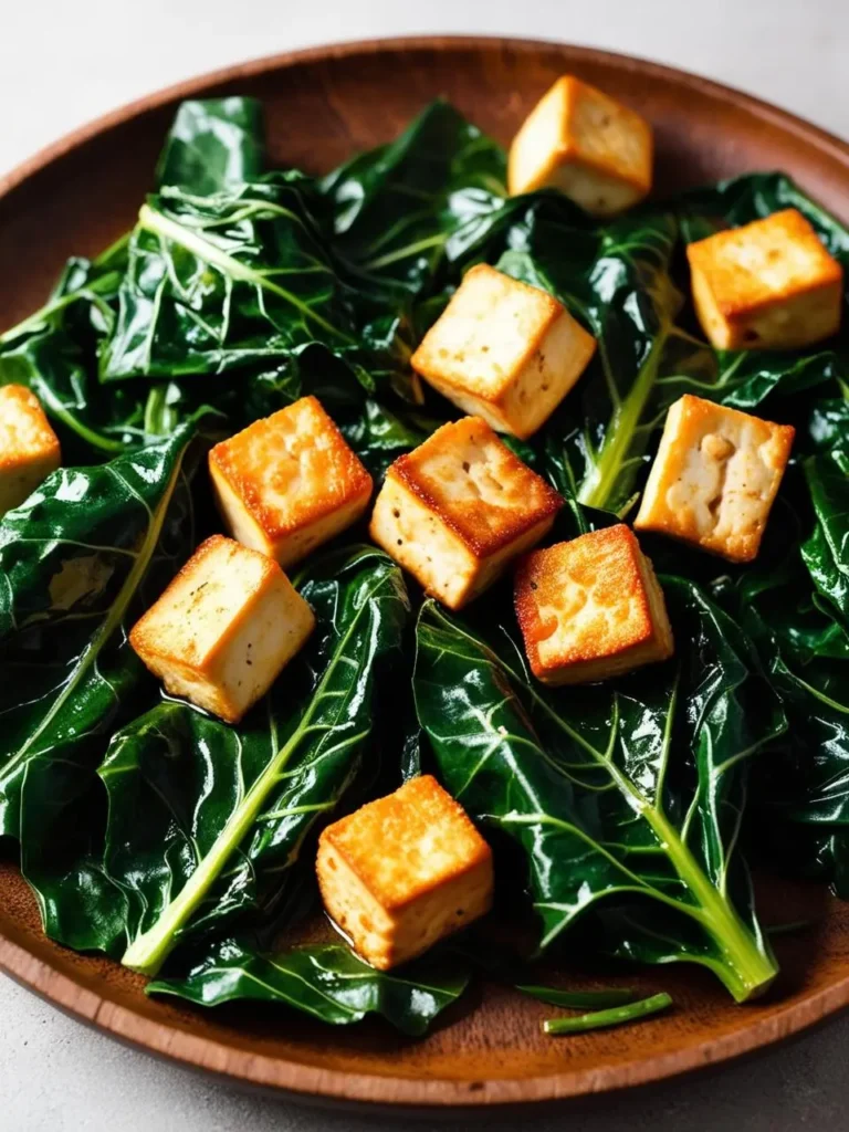 a wooden plate features sautéed collard greens with golden-brown tofu cubes scattered on top. the greens are dark and glossy, contrasting with the light, crispy tofu. the dish appears to be a healthy and flavorful vegetarian meal, with the tofu adding a protein-rich element to the greens