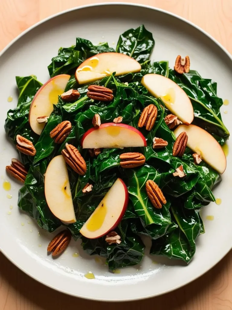 a white plate holds a vibrant kale salad with apple slices and pecans. the kale is dark green and glossy, and the apple slices add a pop of red and white. pecans are scattered throughout, adding texture and a nutty flavor. the salad is dressed with a light vinaigrette