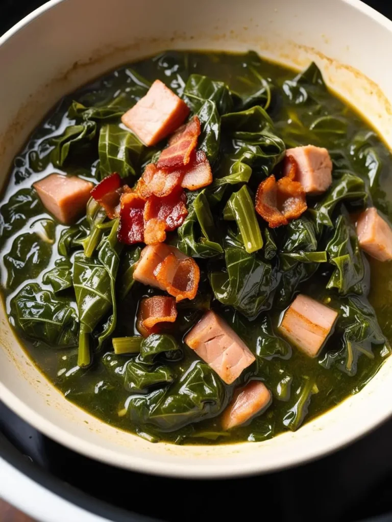 a bowl filled with dark green collard greens, interspersed with pieces of cooked bacon and ham, sits on a dark surface. the greens are glossy and appear to be braised in a broth. the bacon and ham add a savory element to the dish, creating a hearty and comforting meal