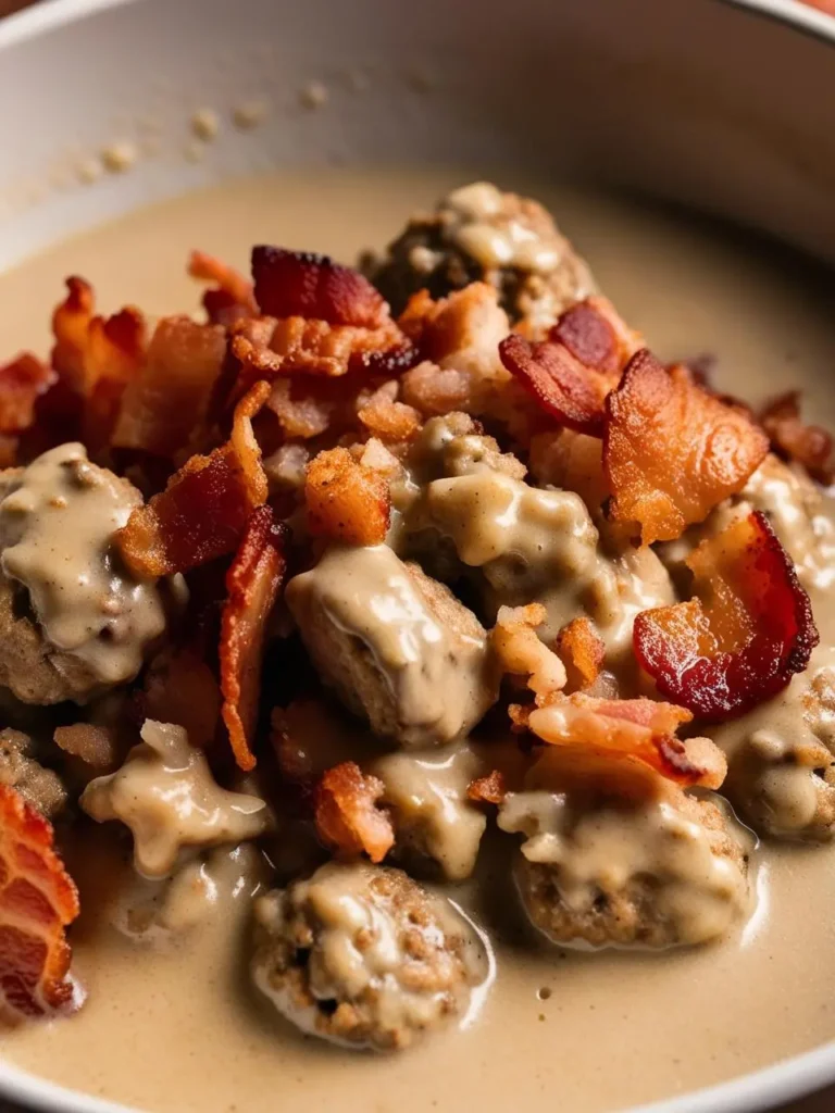 A bowl of Swedish meatballs smothered in a creamy gravy. The meatballs are perfectly browned and nestled on a bed of egg noodles. Fresh parsley adds a touch of color and freshness. The image evokes the comforting aroma of a classic Swedish dish.