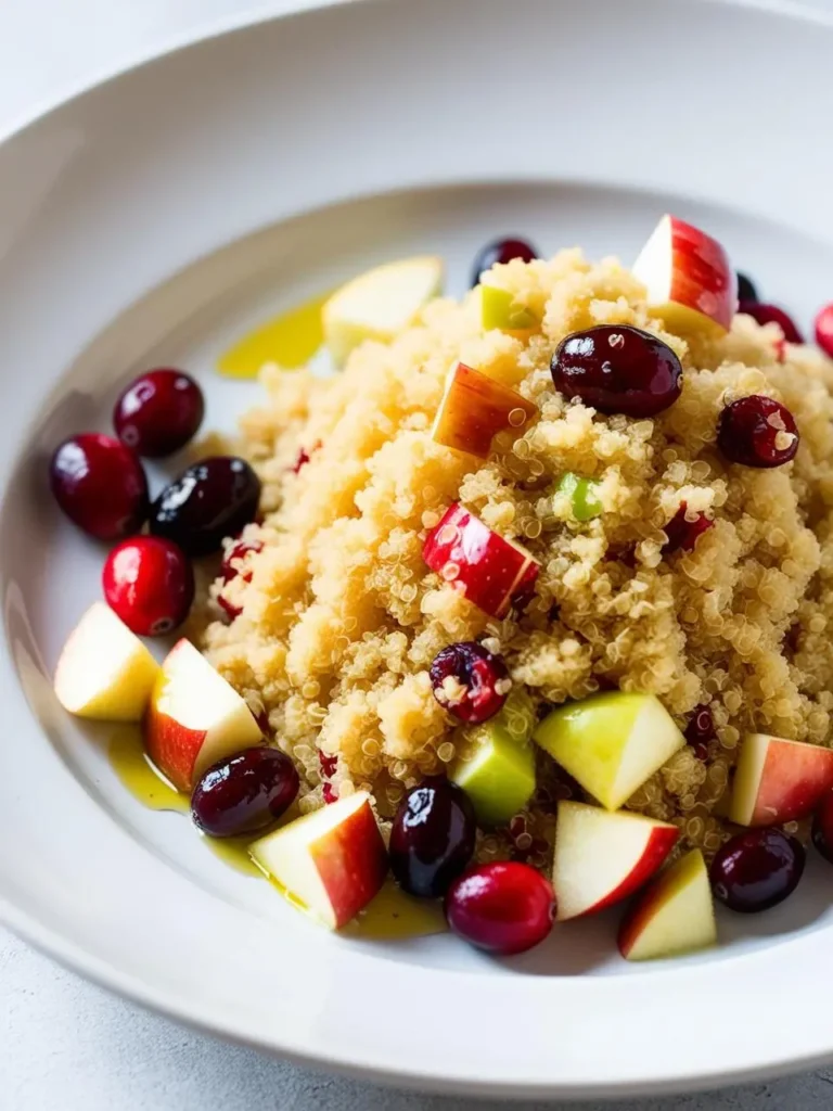 a bowl of quinoa salad with apples and cranberries. the quinoa is cooked and fluffy. the apples are chopped into small pieces. the cranberries are whole and scattered around the salad. a light dressing is drizzled over the salad. the bowl is white and round. the background is light