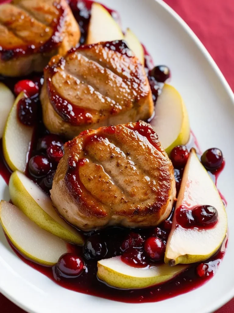 three cooked pork medallions, browned and glistening, are arranged on a white plate with sliced pears and cranberries. the medallions are topped with a red sauce, and the pears and cranberries add a sweet and tart element to the dish. the plate sits on a red surface