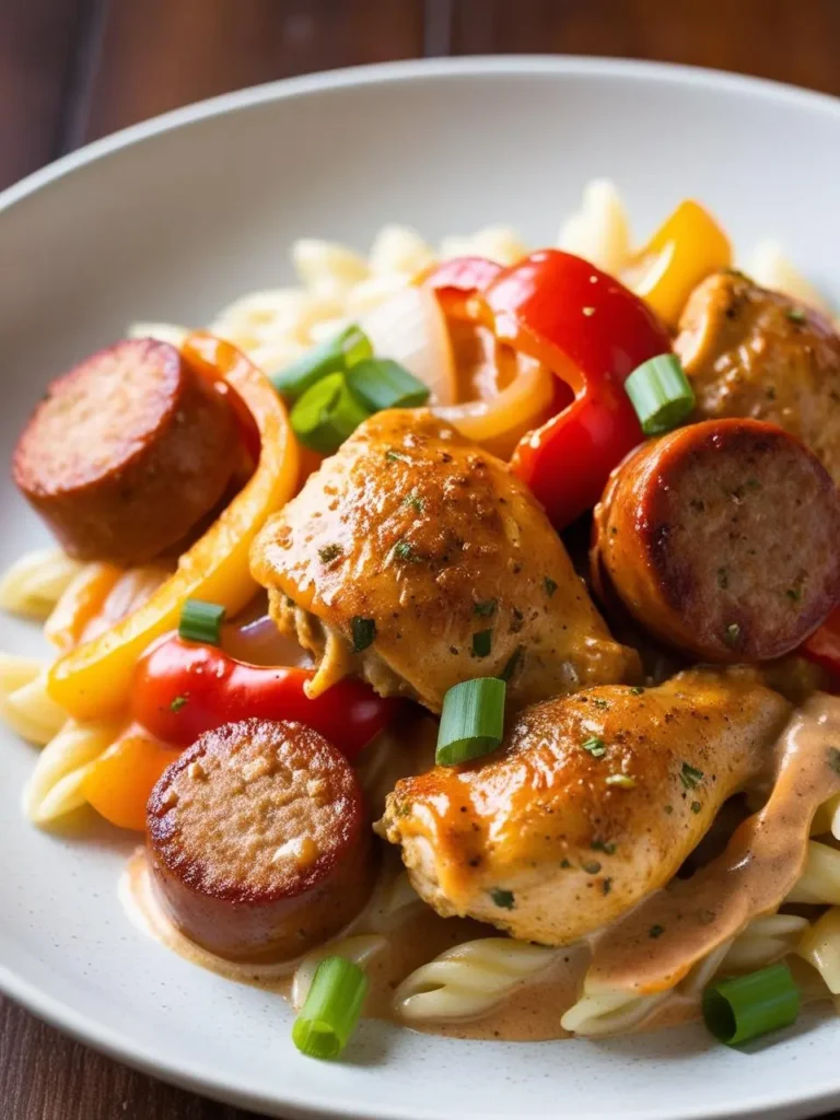 a plate of pasta with chicken and sausage, featuring pieces of chicken, sliced sausage, red and yellow peppers, and green onions. the pasta is coated in a light sauce, and the ingredients are arranged loosely. the plate sits on a wooden surface, and the pasta appears to be flavorful and well-made