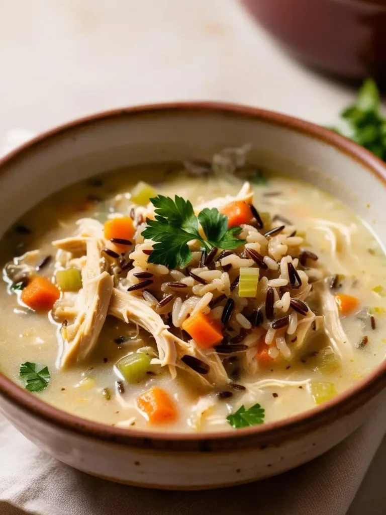 A bowl of creamy chicken and wild rice soup. The soup is filled with tender shredded chicken, fluffy rice, and colorful vegetables. Fresh parsley is sprinkled on top, adding a touch of freshness and flavor. The image evokes the aroma of simmering broth and the promise of a warm and comforting meal.