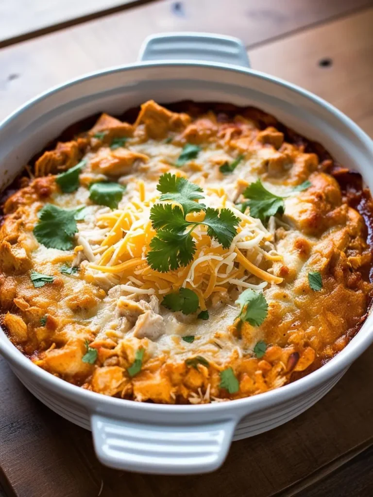 A white baking dish filled with a cheesy chicken casserole. The casserole is topped with shredded cheese, chopped cilantro, and what looks like sour cream or a creamy sauce. The dish looks incredibly appetizing and perfect for a comforting meal.