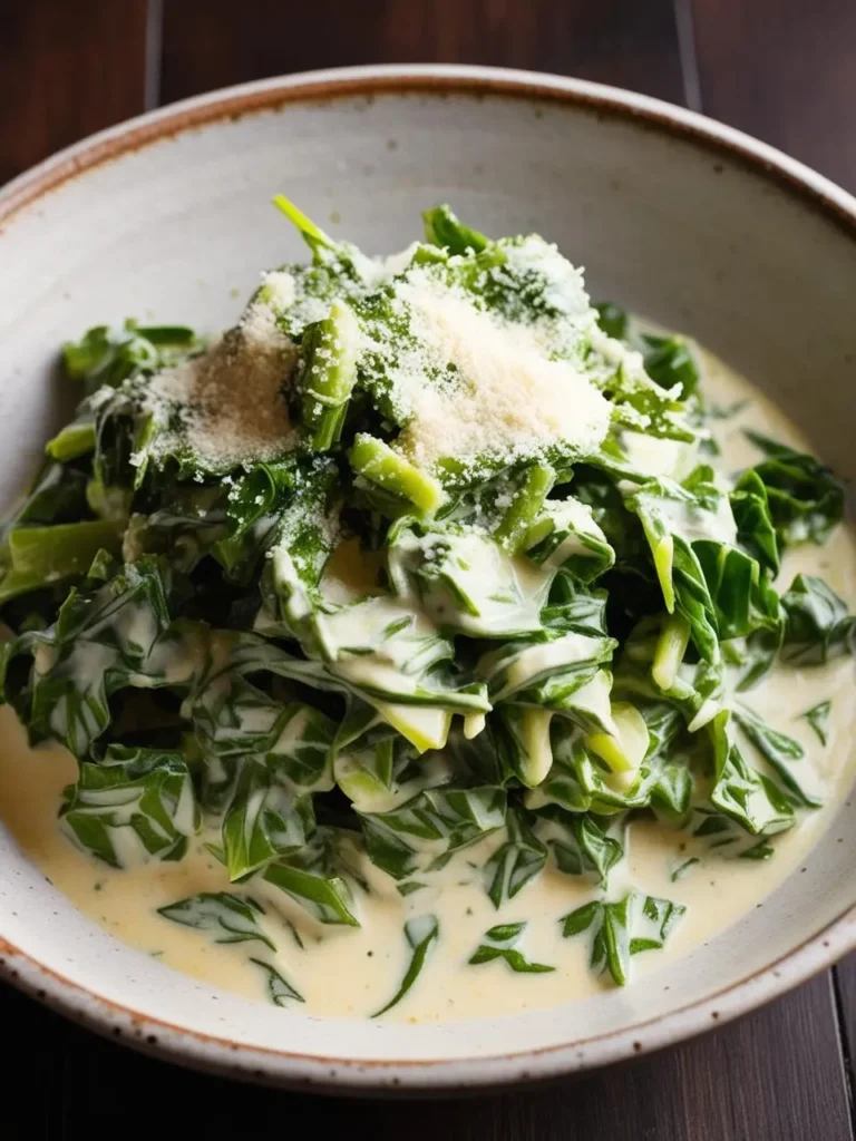 a rustic bowl filled with creamed spinach, topped with a sprinkle of parmesan cheese, sits on a dark wooden surface. the spinach is vibrant green, and the creamy sauce has a light, smooth texture. the bowl's earthy tones complement the dish's fresh and comforting appearance