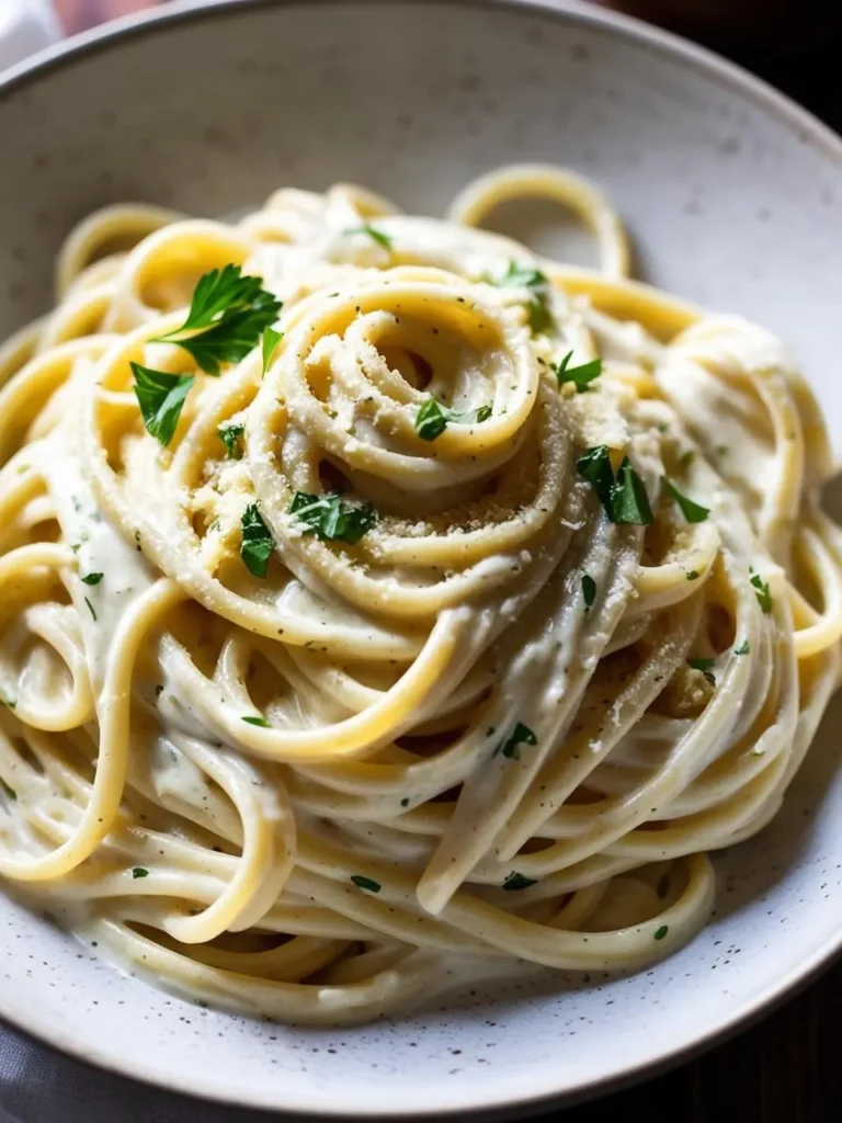 A plate of creamy fettuccine alfredo, coated in a rich, buttery sauce. The pasta is garnished with freshly grated Parmesan cheese and a sprig of parsley. The image evokes the rich and comforting flavors of this classic Italian dish.