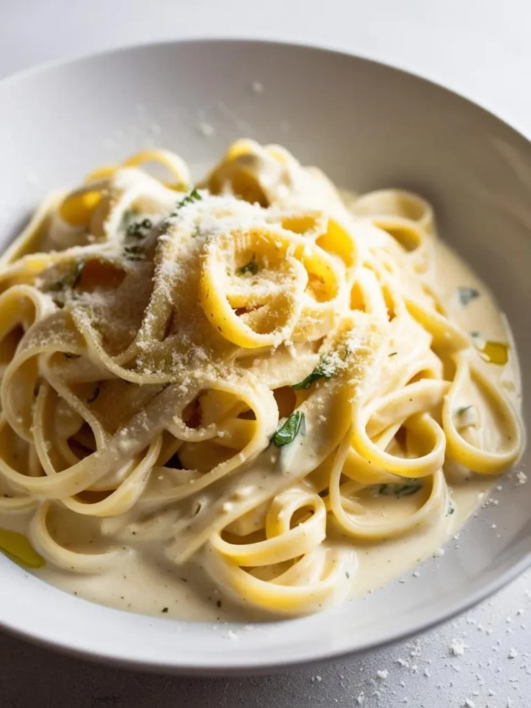 A plate of creamy fettuccine Alfredo. The pasta is coated in a rich, buttery sauce and topped with grated Parmesan cheese. The dish looks incredibly appetizing and perfect for a comforting meal.