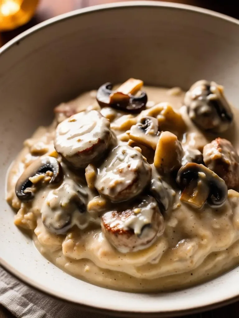 A bowl of creamy mushroom sausage dish. Sliced mushrooms and savory sausages are smothered in a rich, creamy sauce, served over a bed of mashed potatoes. The image evokes the aroma of savory spices and the promise of a warm and comforting meal.