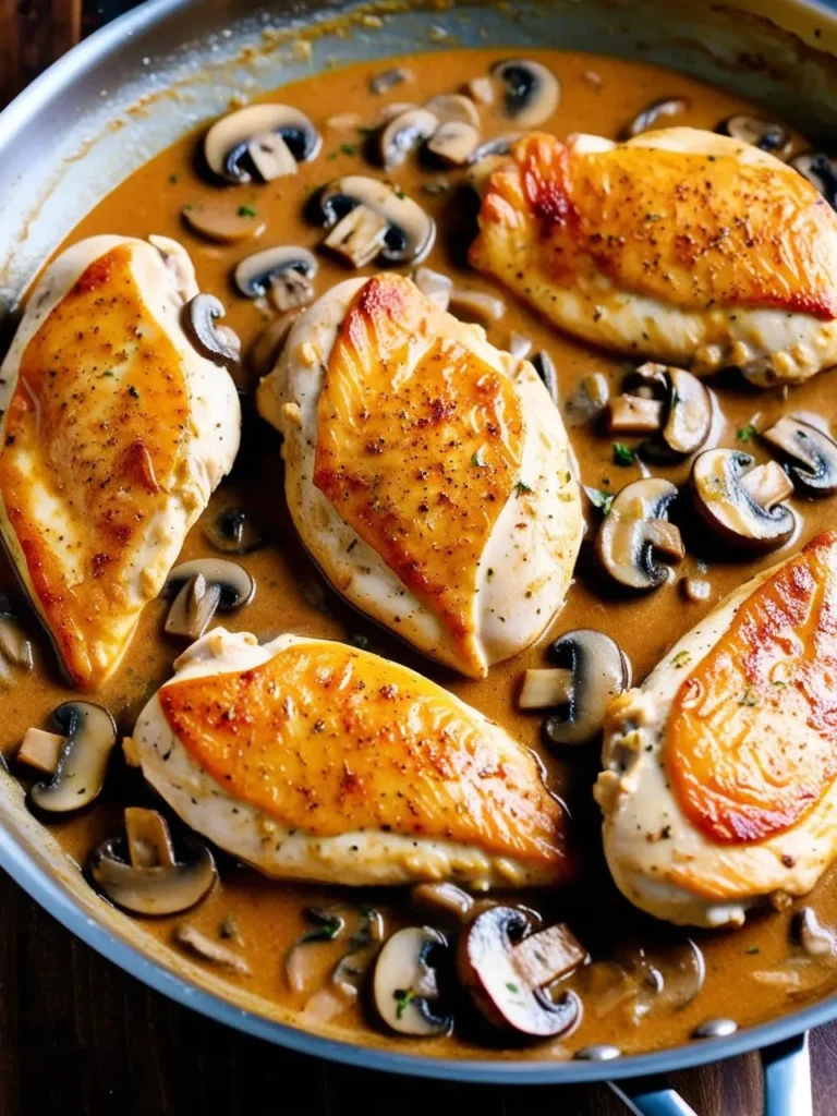 A skillet filled with golden-brown chicken breasts simmering in a creamy mushroom sauce. The sauce is rich and flavorful, with plenty of sliced mushrooms. The chicken looks juicy and tender, and the dish is garnished with fresh parsley. This image evokes a sense of warmth and comfort, perfect for a cozy meal.