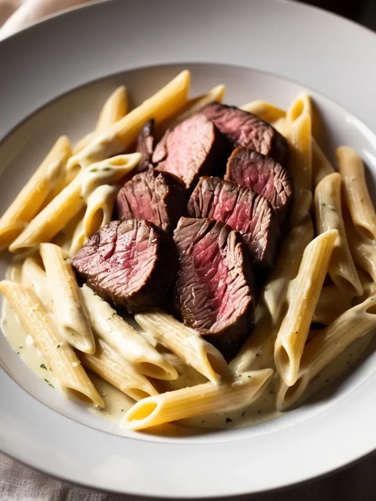 A plate of creamy steak pasta. Penne noodles are coated in a rich, creamy sauce and topped with slices of perfectly seared steak. The dish looks incredibly appetizing and perfect for a satisfying meal.