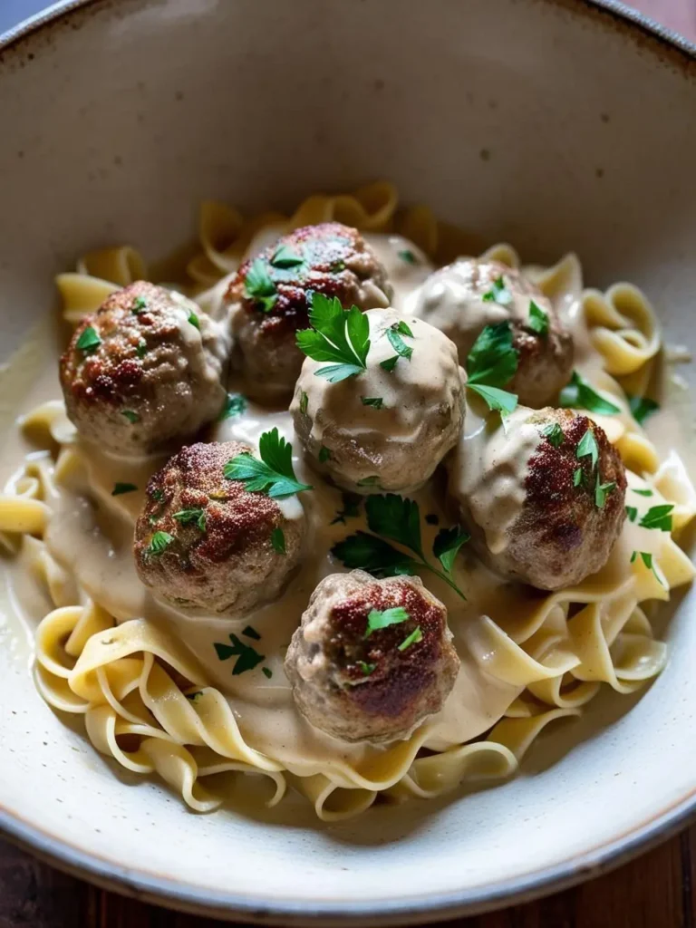 A bowl of Swedish meatballs smothered in a creamy gravy. The meatballs are perfectly browned and nestled on a bed of egg noodles. Fresh parsley adds a touch of color and freshness. The image evokes the comforting aroma of a classic Swedish dish.