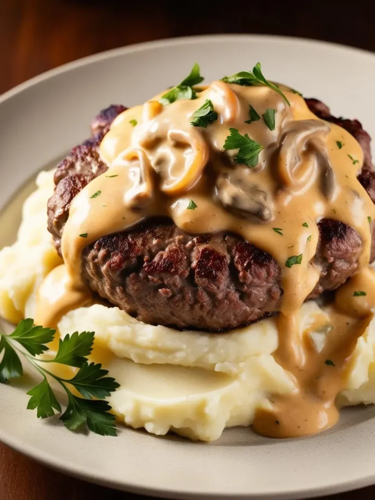 a close-up shot of a plate with mashed potatoes, a cooked hamburger patty, and a creamy mushroom sauce poured over it. a few sprigs of parsley are scattered on top. the plate is light-colored and the background is dark