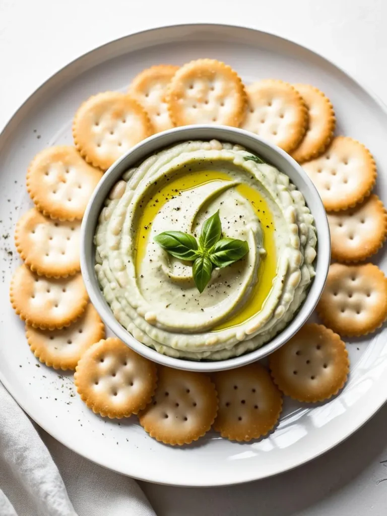 a white plate holds a bowl of creamy dip, swirled and topped with olive oil and a basil leaf, surrounded by crackers. the dip has a light green color, and the crackers are arranged in a ring. a white cloth is visible in the bottom left corner. the image is shot from above