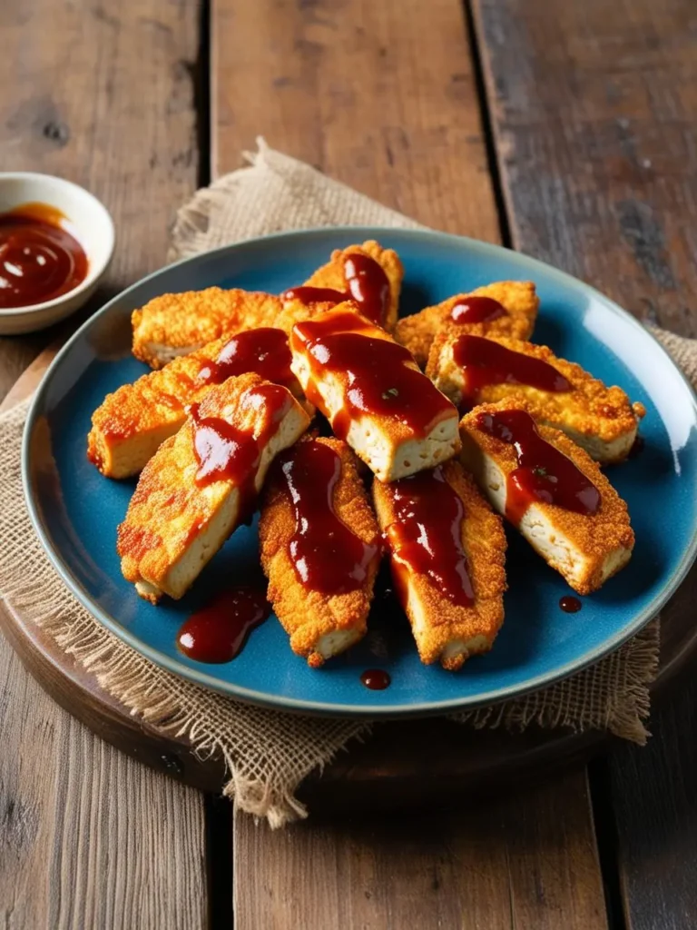 a blue plate holds several cooked tofu sticks, browned and drizzled with a red sauce. the tofu sticks are arranged loosely, and the sauce adds a glossy sheen. a small bowl of sauce is visible in the top left corner. the plate sits on a wooden surface with a burlap cloth