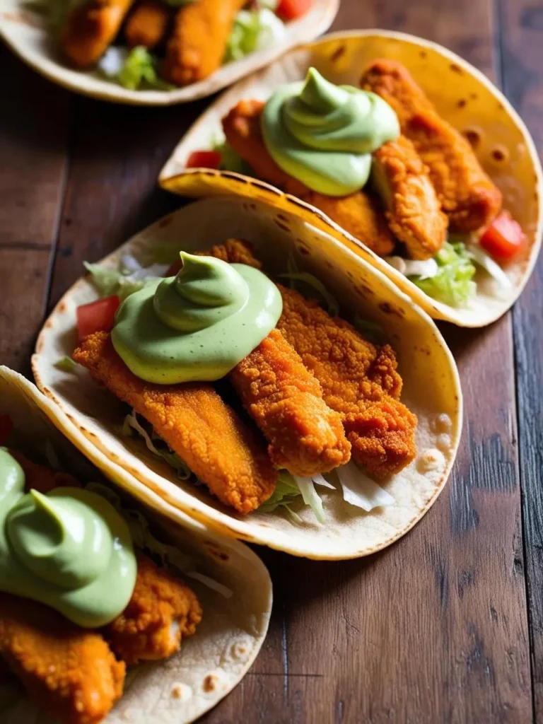 Three crispy chicken tacos lined up on a wooden table. Each taco is filled with crispy fried chicken strips, shredded lettuce, and a dollop of creamy avocado sauce. The image evokes the flavors of a classic fast-food favorite with a gourmet twist.