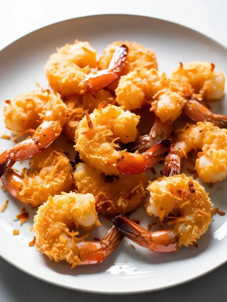 A plate of golden-brown coconut shrimp. The shrimp are coated in a crispy coconut batter and look incredibly appetizing. The image evokes the flavors of the tropics and the promise of a delicious and satisfying meal.