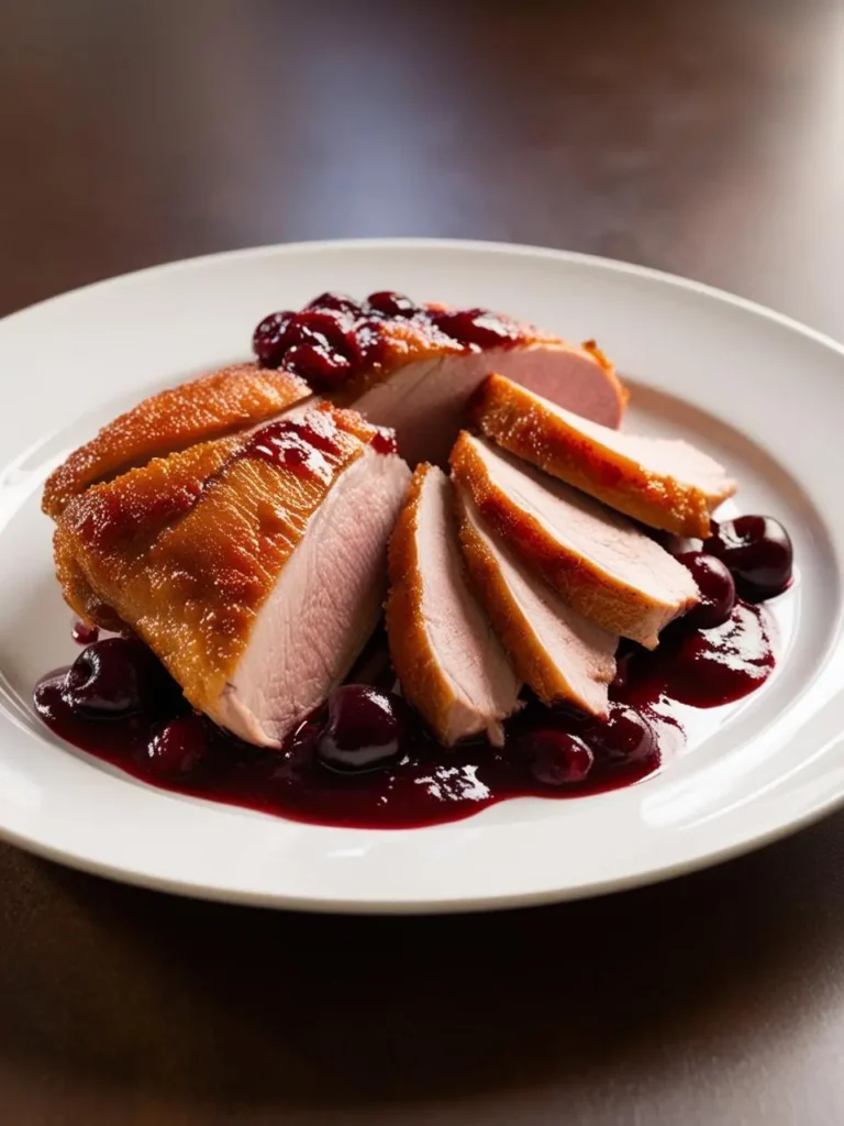 A sliced duck breast on a white plate, fanned out to display its rosy interior.  The duck is topped with a glossy, dark cherry sauce and garnished with whole cherries. The image highlights the perfectly cooked duck and its rich, fruity accompaniment, suggesting a luxurious and flavorful meal.