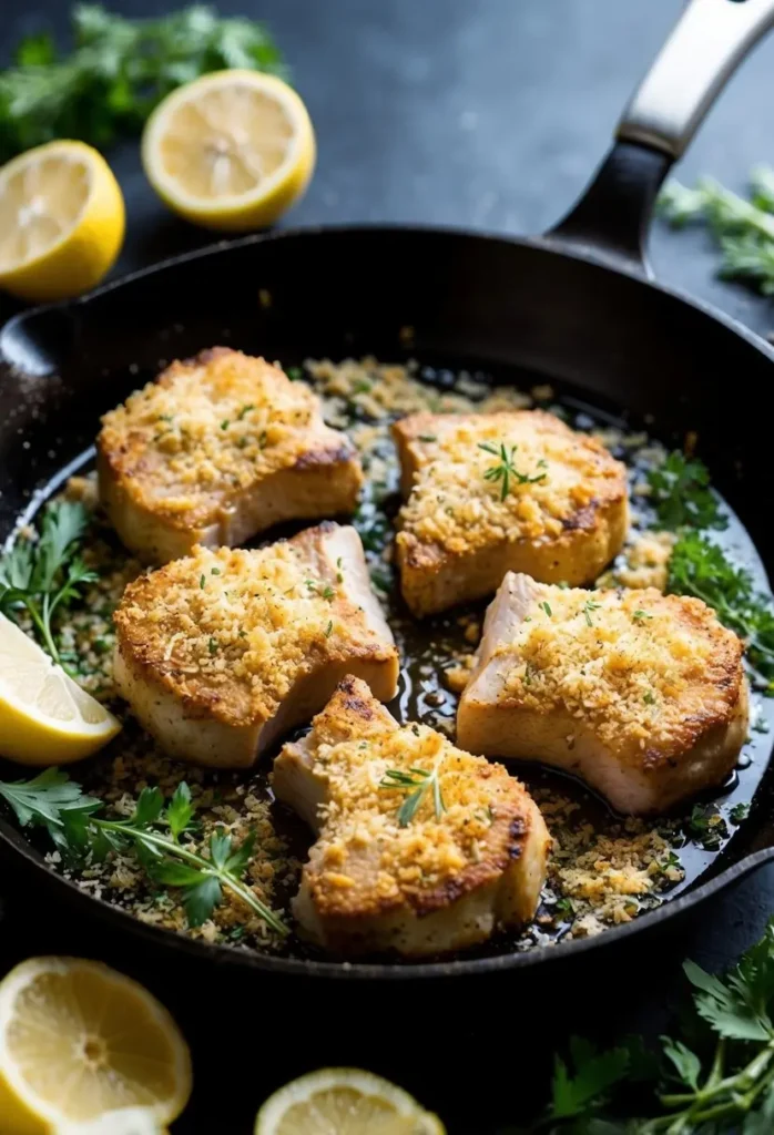 A sizzling skillet with golden-brown pork chops coated in crispy panko breadcrumbs, surrounded by fresh herbs and lemon wedges