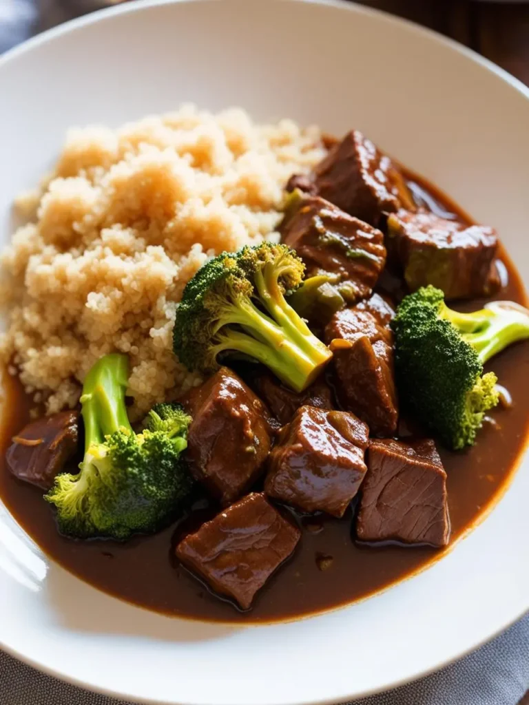 a white plate holds a rich beef stew with chunks of tender meat in a dark, glossy sauce, accompanied by bright green broccoli florets. a mound of light brown couscous sits beside the stew, creating a colorful and appetizing meal. the plate rests on a light grey surface.