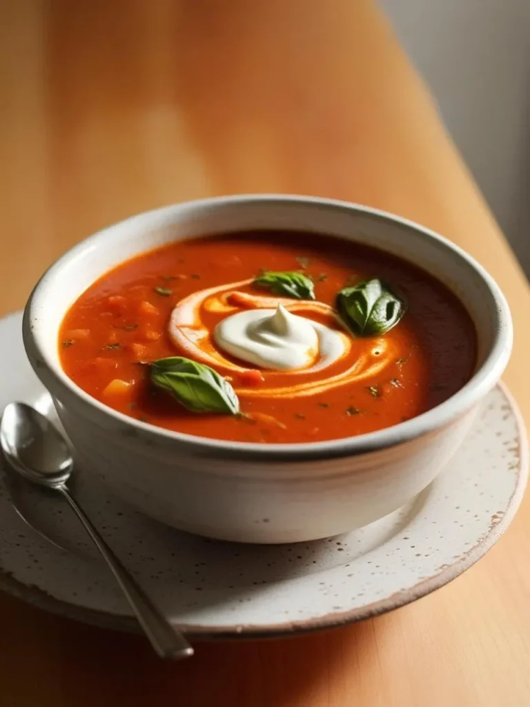 a bowl of vibrant tomato soup sits on a speckled plate, garnished with a swirl of cream and fresh basil leaves. a silver spoon rests beside the bowl on a wooden table, illuminated by warm, natural light. the soup's rich red color and creamy swirl create an inviting image