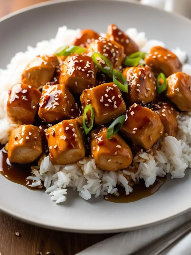 a plate of white rice is topped with golden-brown tofu cubes, coated in a glossy sauce and sprinkled with sesame seeds and green onions. the tofu appears tender and well-sauced, creating an appealing and flavorful dish. the plate is set on a wooden surface with a fork visible