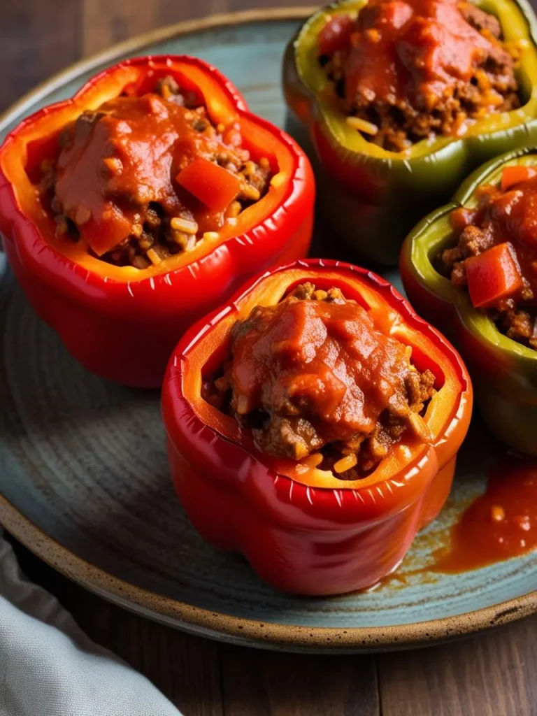 four vibrant stuffed bell peppers, two red and two green, sit on a speckled blue plate. each pepper is filled with a mixture of ground meat and rice, topped with a rich tomato sauce. the peppers are arranged closely, showcasing their colorful presentation and hearty filling