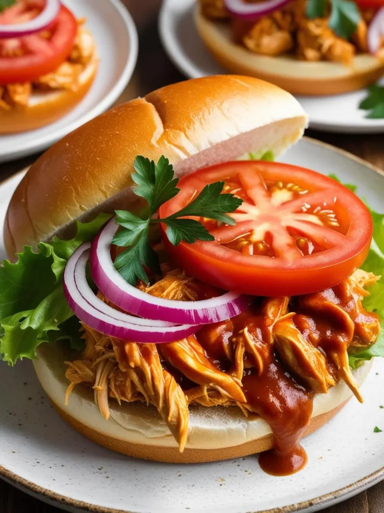 a white plate holds a pulled chicken sandwich with lettuce, red onion, and tomato. the chicken is coated in a dark sauce, and the sandwich is open-faced, with the top bun resting beside the filling. parsley sprigs are scattered around the plate, and other sandwiches are blurred in the background