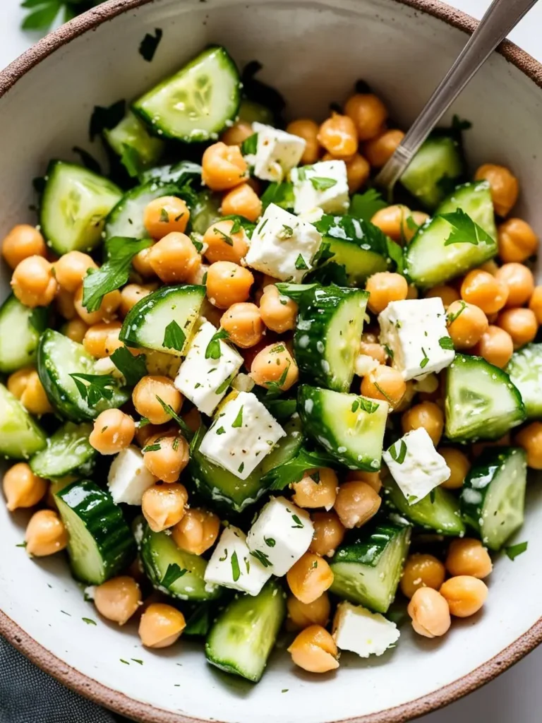 A bowl of refreshing chickpea salad. It's a vibrant mix of chickpeas, cucumbers, crumbled feta cheese, and fresh parsley. The salad looks light and healthy, perfect for a summer meal.