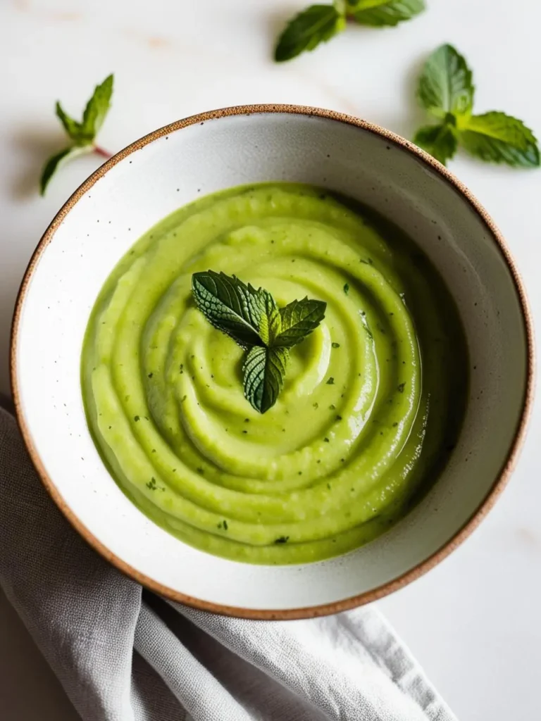 A bowl of creamy avocado soup. The soup is a vibrant green color, garnished with fresh mint leaves. The image evokes the freshness of the ingredients and the promise of a light and healthy meal.