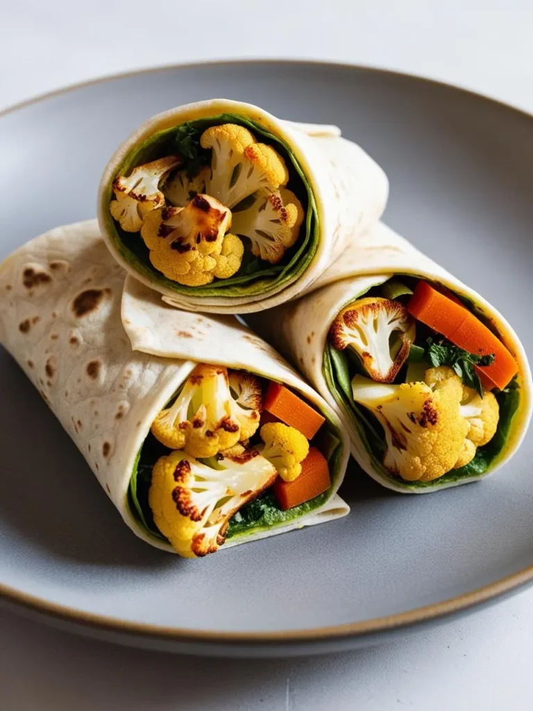 three cauliflower wraps stacked on a gray plate. the wraps are filled with roasted cauliflower florets, orange vegetables, and green leaves. the cauliflower has a slightly browned, roasted appearance. the wraps have a light-colored tortilla with visible flecks. the background is a light gray surface