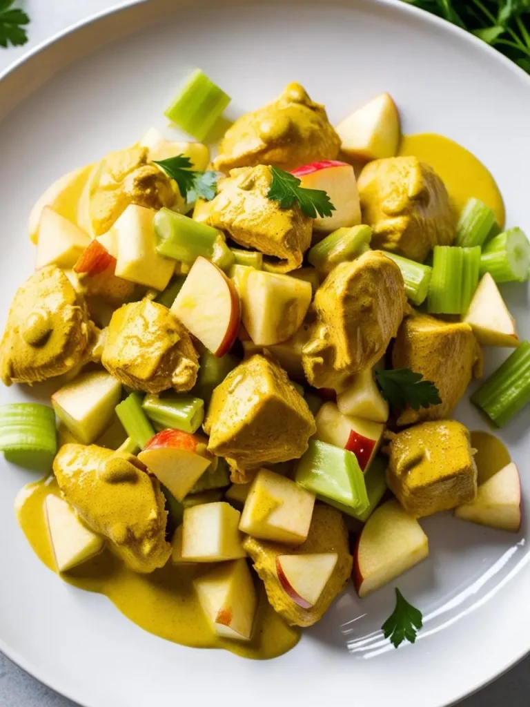 a plate with chicken curry, apples, and celery. the chicken is cooked and coated in a yellow curry sauce. the apples are chopped into small pieces. the celery is sliced. a few parsley leaves are scattered on top. the plate is white and round. the background is a light surface