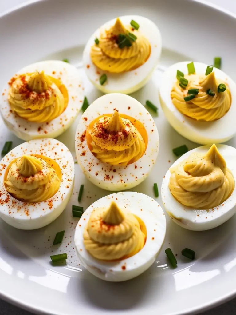 A plate of beautifully arranged deviled eggs. Each egg half is filled with a creamy yellow mixture, topped with a swirl and sprinkled with paprika and chives. The image evokes the classic flavors of this popular appetizer.