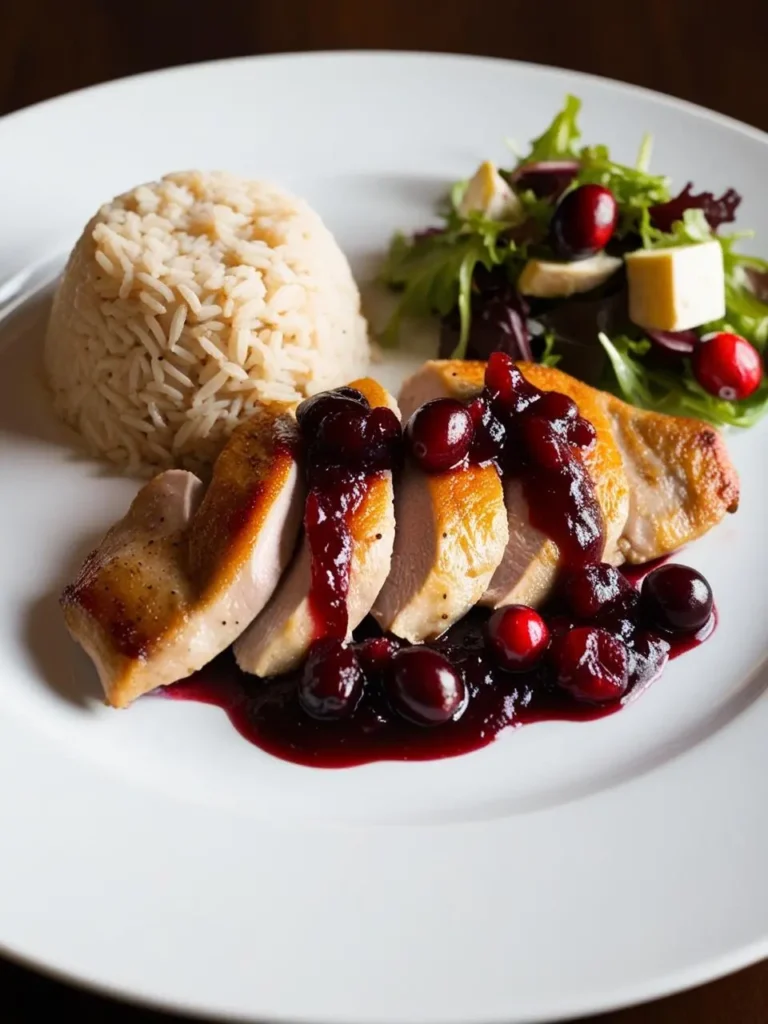 A plate of sliced chicken breast atop a bed of creamy risotto with mushrooms and leeks. The chicken is tender and juicy, with a golden-brown crust, and garnished with fresh parsley. The risotto is rich and flavorful, studded with earthy mushrooms and tender leeks.