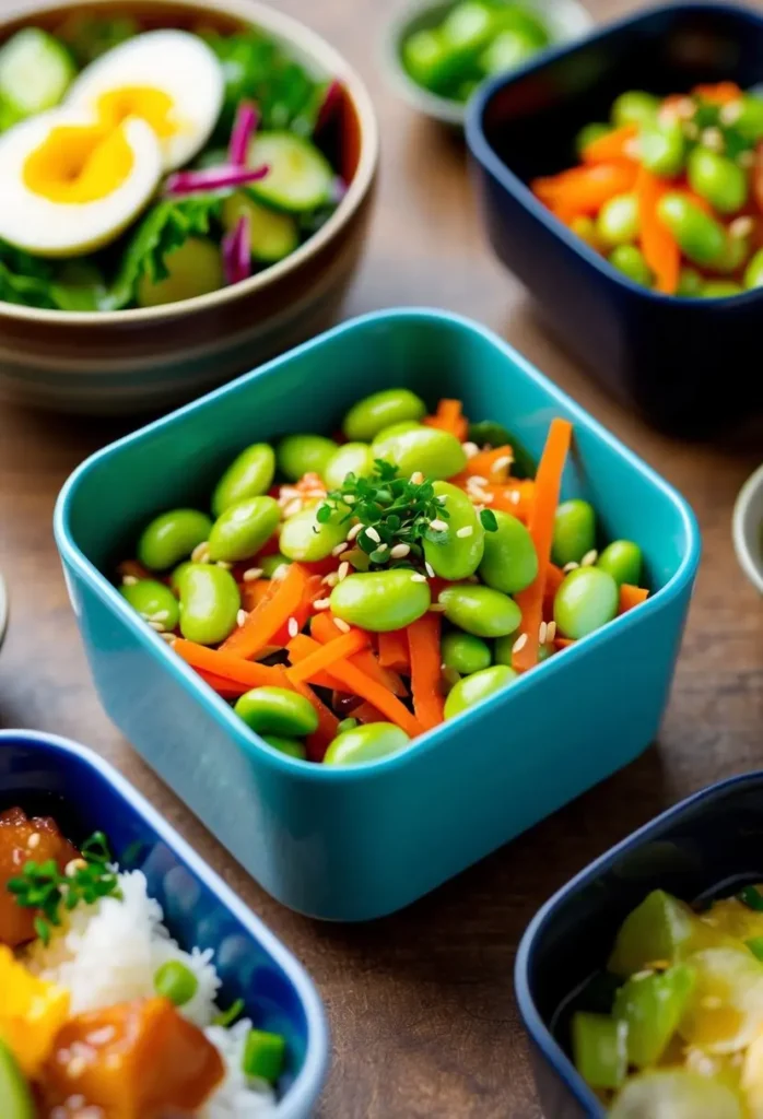 A colorful bento box filled with vibrant edamame salad, surrounded by other delicious Japanese dishes