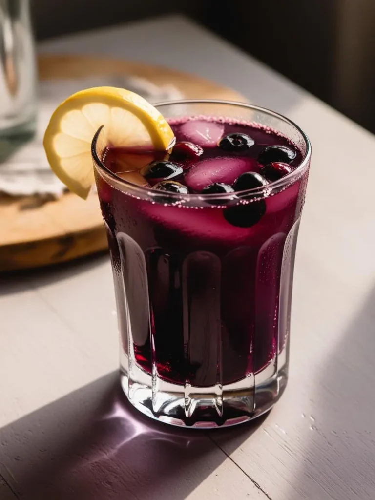 a clear glass filled with a vibrant purple drink, ice cubes, and blueberries sits on a white table. a lemon slice garnishes the rim. sunlight casts shadows on the table, highlighting the drink's refreshing appearance. a wooden board and another glass are slightly blurred in the background