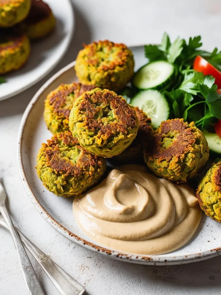 A plate of golden-brown falafel with a side of fresh salad. The falafel are crispy on the outside and soft on the inside, served with a creamy tahini sauce for dipping. The image evokes the aroma of spices and the promise of a delicious and satisfying meal.