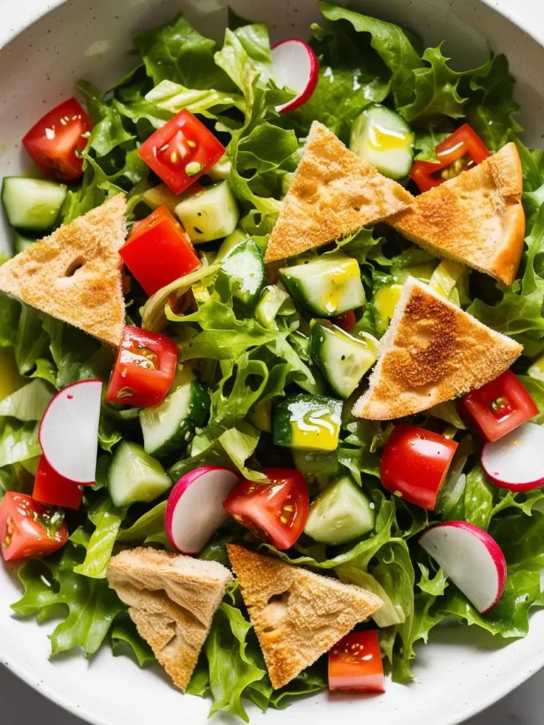 A vibrant salad with fresh lettuce, juicy tomatoes, crisp cucumbers, and radishes. Crumbled pita bread adds a satisfying crunch. The salad is drizzled with a lemon-olive oil dressing, making it a light and refreshing meal.