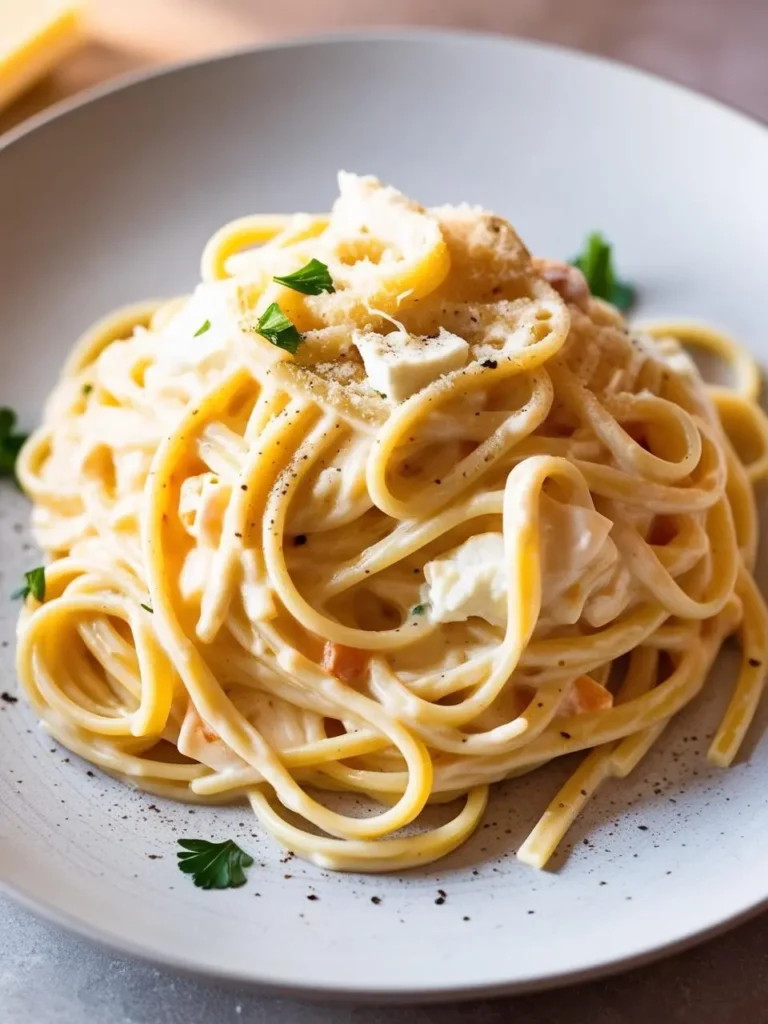 A plate of creamy spaghetti carbonara. The pasta is coated in a rich sauce of eggs, cheese, and pancetta, and garnished with fresh parsley and a sprinkle of black pepper. The image evokes the comfort and warmth of a classic Italian dish.