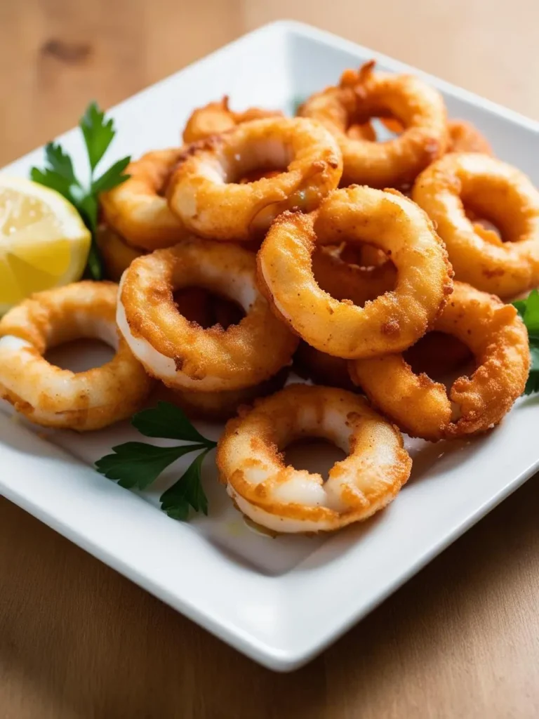 A plate of golden-fried calamari rings. The rings are piled high and look crispy and delicious. Fresh parsley and a slice of lemon garnish the plate. The image evokes the aroma of frying and the promise of a satisfying appetizer.