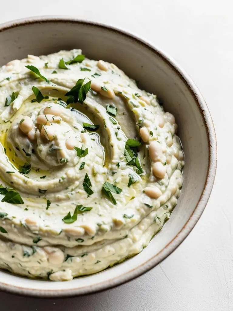 a close-up shot of a bowl filled with white bean dip, swirled and garnished with parsley and whole white beans. the dip has a creamy texture, and the parsley adds a pop of green. the bowl sits on a light surface, and the image is well-lit, showcasing the dip's presentation