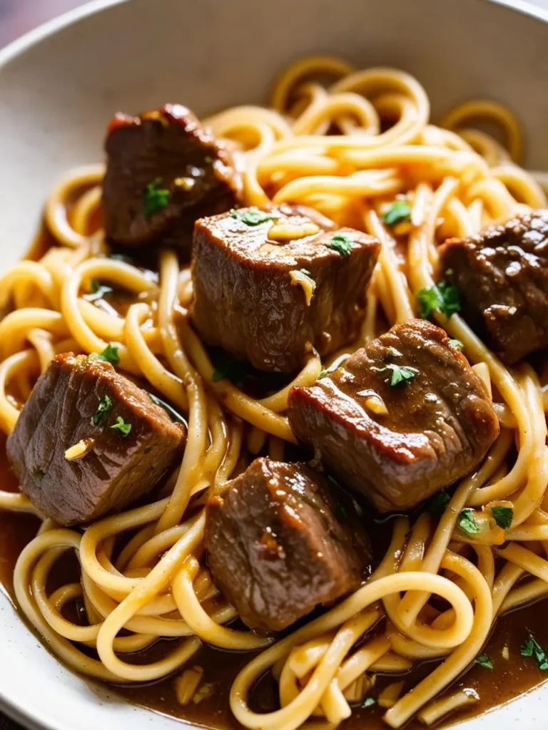 A bowl of savory beef and noodles. Tender cubes of beef are nestled amongst strands of spaghetti, all simmering in a rich, dark sauce. The dish is garnished with fresh parsley, adding a touch of freshness and color. The image evokes the aroma of savory spices and the promise of a delicious and satisfying meal.